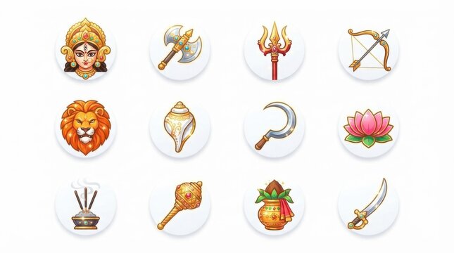 Hindu religious icons set. Traditional Indian mythology symbols and sacred ritual objects.