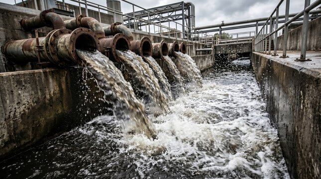 Wastewater flowing from large metal pipes at treatment plant facility. Industrial sewage processing and water purification system. Environmental protection and urban utility infrastructure.
