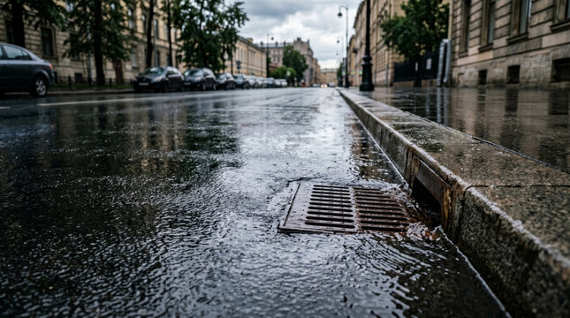 Rain water flowing into a street storm drain. Urban sewage system during a heavy downpour on a city road. Infrastructure for flood prevention and wastewater management in rainy weather.