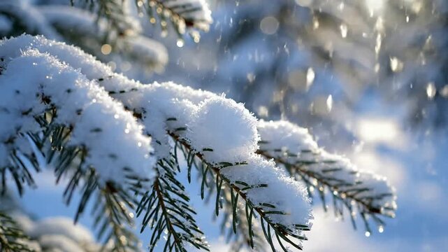 Snowy pine tree branches in gentle winter snowfall, close-up nature background, with soft bokeh, and sunlight for, holiday and christmas projects