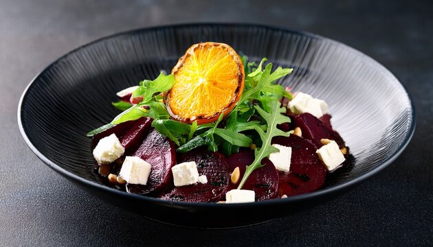 gourmet roasted beetroot and goat cheese salad garnished with arugula and orange slices in a black bowl rustic healthy meal presentation
