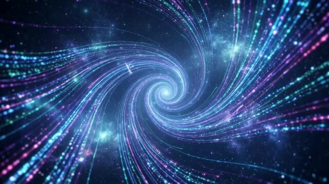 Glowing digital spiral vortex and quantum particle stream loop video background.