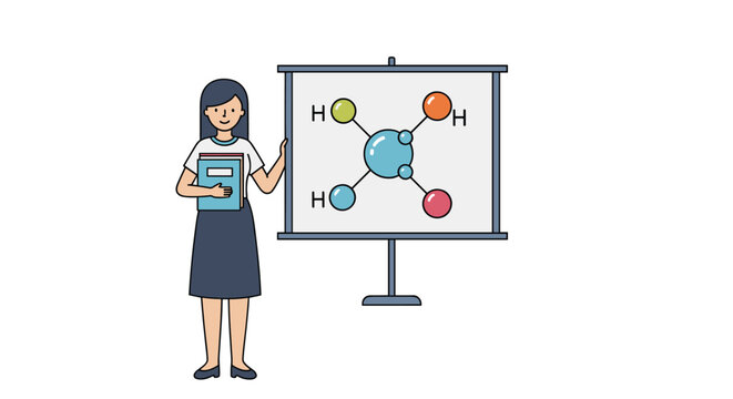 Female science teacher presenting methane molecule chemical structure model on projection screen, white.