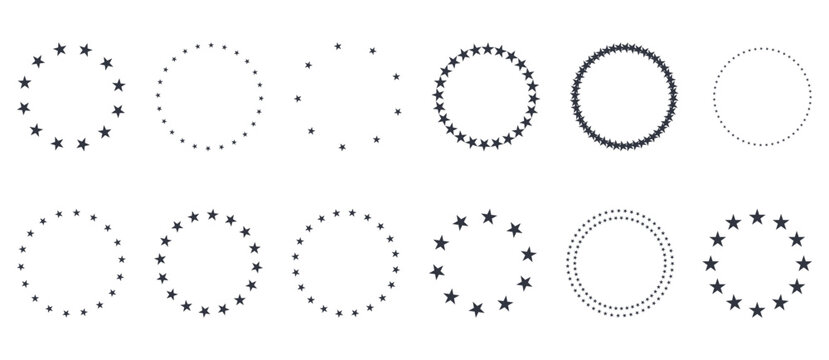 Round star frame vector set. Decorative circular and ellipse borders made of stars. Various star wreath, badge, emblem and seal elements. Modern and retro design. Isolated vector illustration