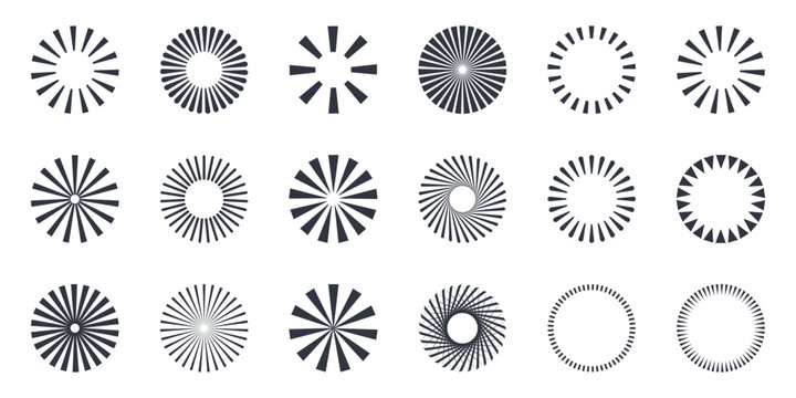 Sunburst vector set. Vintage starburst rays, radial sunshine beams and round burst frames. Black outline design elements for logos, labels, badges and decorative graphics