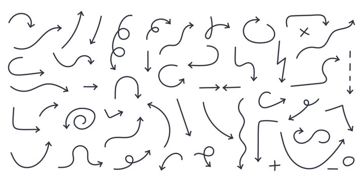 Curly arrows vector line set. Bent, spiral and squiggle arrow symbols. Editable stroke thin elements isolated on white background. Direction, diagram, mind map and brainstorming up down pointer