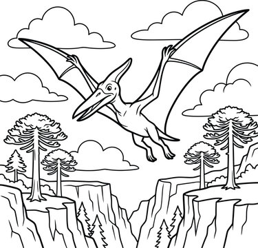 Pterodactyl flying over prehistoric landscape with trees and clouds black and white illustration