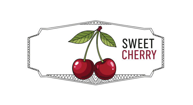Vintage style label template design featuring ripe sweet cherries with green leaves and a decorative border.