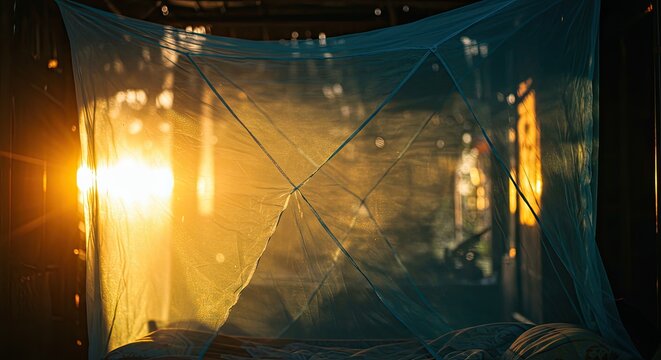 Sunlight streams through mosquito net creating a warm hazy interior scene