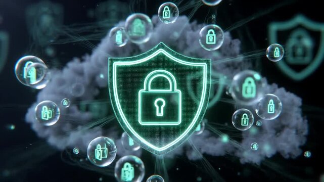 A glowing shield with lock symbols in a modern digital neon style on a dark background, concept of cybersecurity
