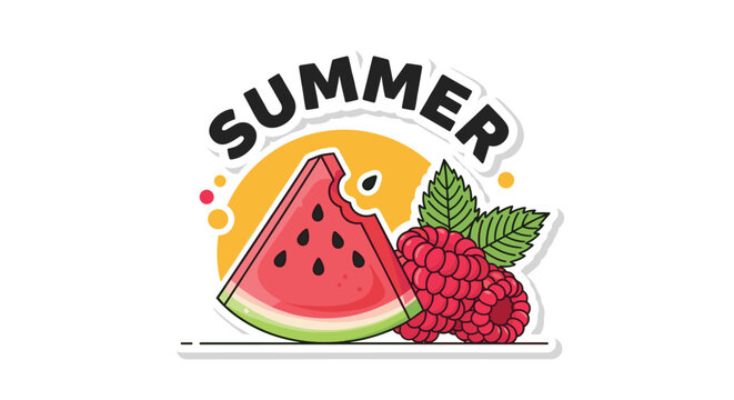 Colorful summer sticker design featuring a juicy slice of watermelon and delicious fresh pink raspberries.