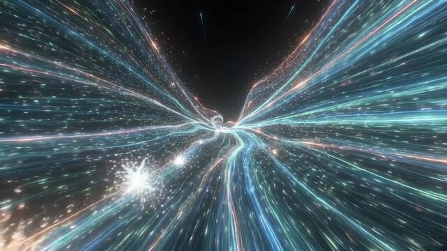 Colorful luminous energy streams in abstract style on dark backdrop, symbolizing motion and futuristic flow
