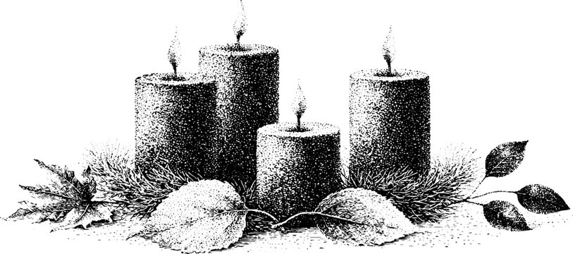 Autumn equinox harvest centerpiece with burning candles leaves and pine sprigs for seasonal background and banner design