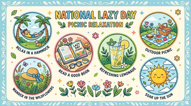 National lazy day picnic relaxation activities illustration