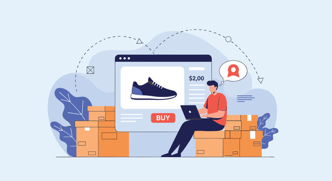 Male consumer sitting on a stack of cardboard parcel boxes and buying new sneakers online using his laptop.