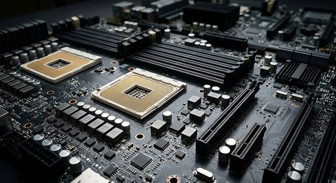 Server motherboard dense PCB topography with CPU sockets, PCIe Gen5 slots, solid tantalum capacitors, macro detailed view