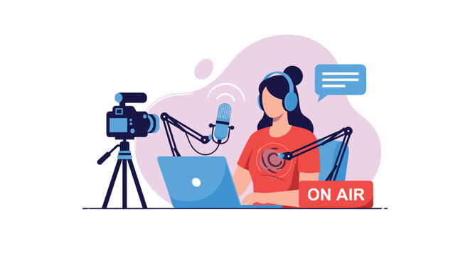 Professional female podcaster wearing headphones and recording a video show with microphone and laptop.