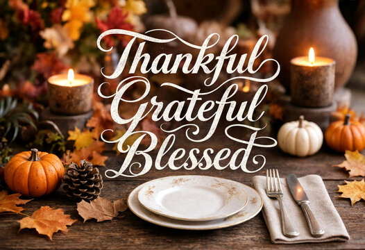 Beautiful thanksgiving table setting with pumpkins candles and autumn leaves for grateful celebration