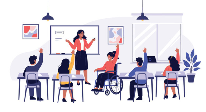 Female teacher presenting a lesson to a diverse group of students eagerly raising their hands in a classroom.