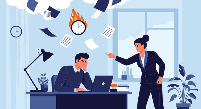 Stressed male employee being scolded by angry female boss under burning clock deadline and flying papers.