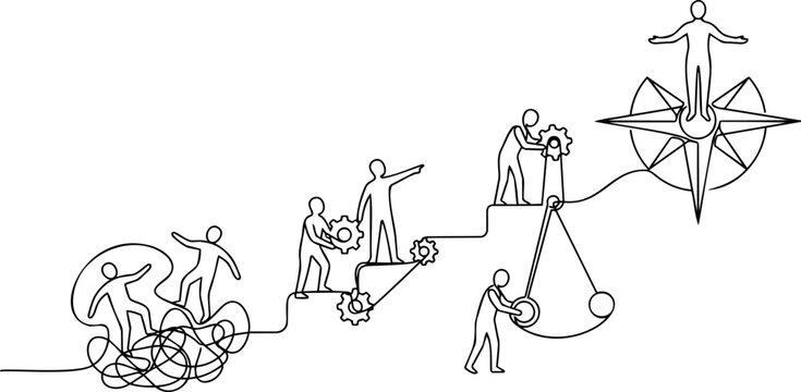 Continuous one line drawing of generic business team escaping chaos climbing stairs gears pendulum and compass star for direction and success concept vector