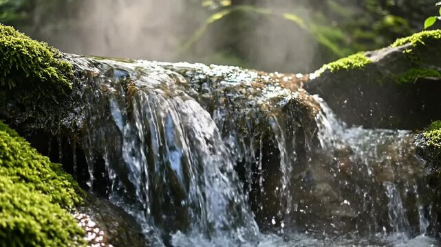 Serene forest waterfall with mist and mossy rocks: peaceful nature background, for relaxation and meditation