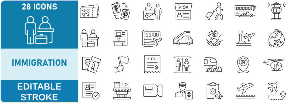 immigration line icon set. Contain icons immigrant, foreign,citizenship, destination country, office, passport, customs, airport,  and more. Vector illustration. Editable stroke