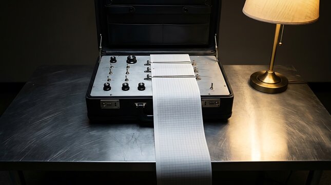Vintage lie detector machine with paper graph output on metal desk in dimly lit room
