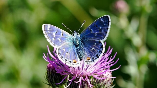 Blue butterfly resting on a vibrant purple thistle flower in a sunny meadow, macro nature close-up with soft bokeh background