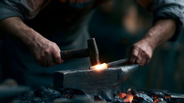 A blacksmith hammers glowing metal on an anvil surrounded by hot coals and tools in a workshop setting