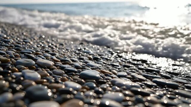 Gentle ocean waves washing over smooth pebble beach shoreline at sunset, relaxing coastal nature background, with soft sunlight reflections
