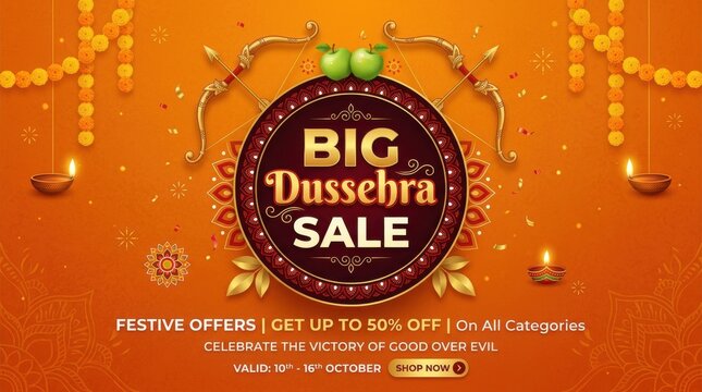Big Dussehra sale banner. Festive shopping promotion with traditional Indian holiday decor.