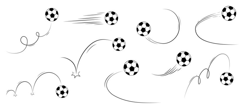 Flying soccer ball with motion lines and bounce effect. Hand drawn sport illustration showing dynamic movement. Perfect for game designs and team graphics.