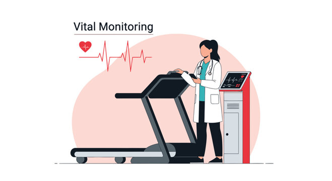 Doctor monitoring patient's vital signs on treadmill during exercise stress test