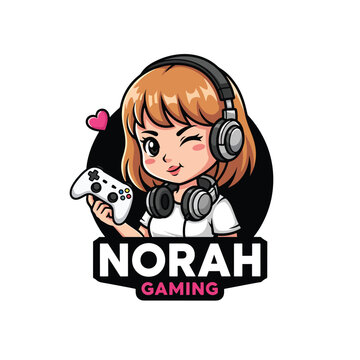 Cute girl gamer mascot logo with headset and controller.