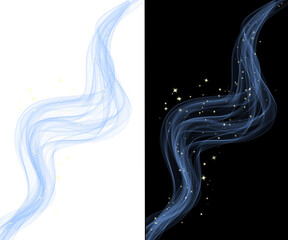 Graceful blue translucent smoke wave trail accompanied by bright golden stars and magic dust on a transparent background, great for festive and luxury overlays. Blue wave trail with glowing stars © Iryna