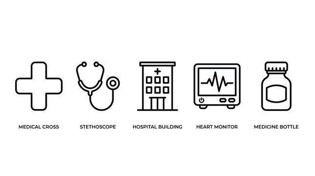 Medical and Healthcare Black Outline Icon Set Including Hospital, Stethoscope, Heart Monitor and Medicine