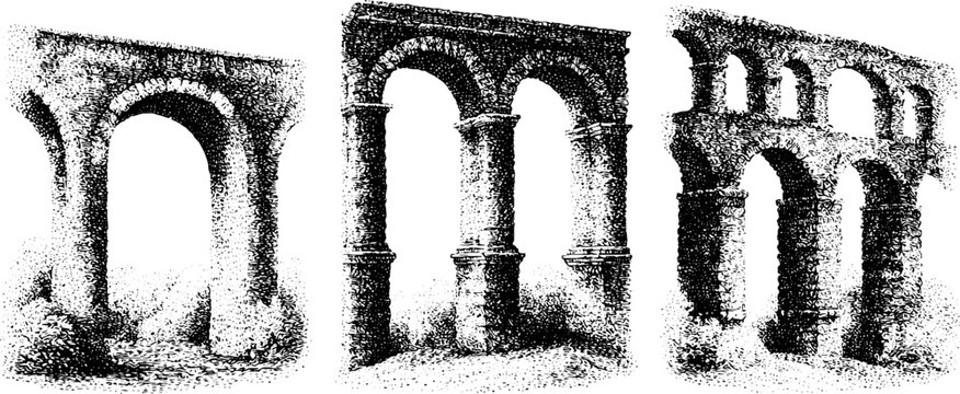 Classical engraved bridge and aqueduct illustration set of arches and columns for architectural background poster and banner design