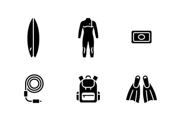 Collection of Water Sports Equipment and Travel Accessories Icons Isolated on White © FITRI