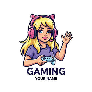 Cartoon blonde girl gamer mascot logo with cat ear headphones and controller.