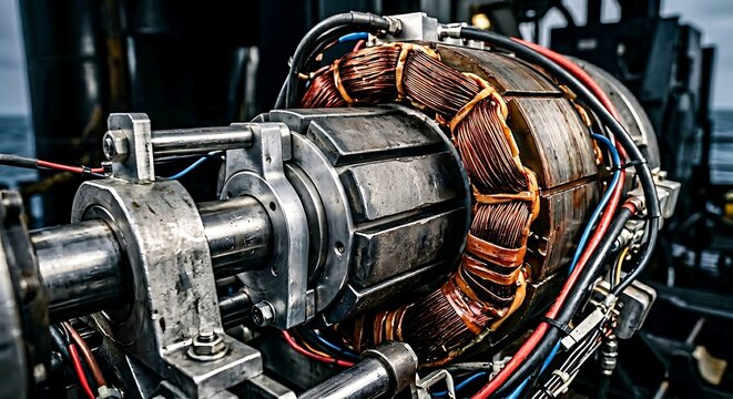 Offshore wave energy converter direct drive linear generator core with permanent magnet array, stator windings, marine renewable energy