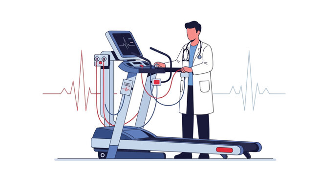 Doctor monitoring patient on treadmill during stress test for heart health