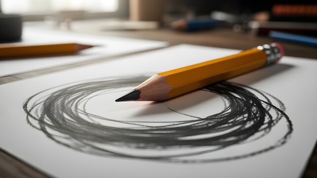 Closeup of a yellow pencil resting on a piece of paper with a messy circular graphite scribble