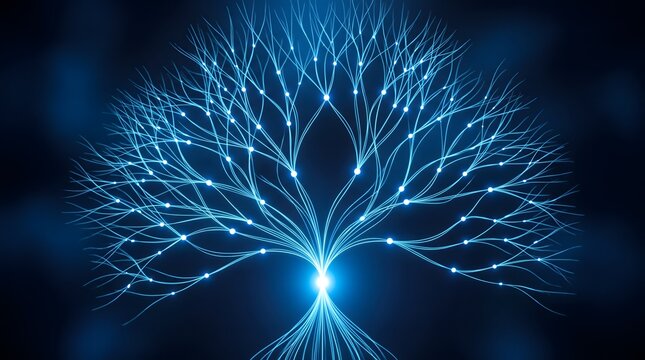 Abstract render of a complex blue light digital tree branching network with glowing nodes connecting data points for advanced technology illustration.