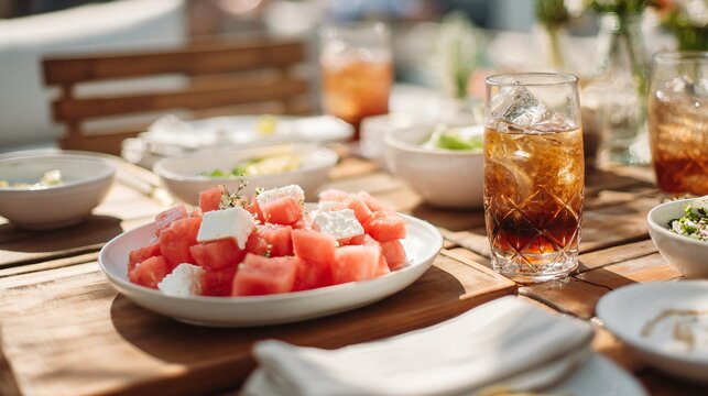 A lifestyle outdoor brunch scene with watermelon feta salad, iced beverages, and linen napkins arranged naturally on a wooden table