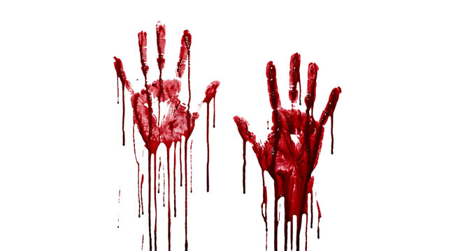 Bloody handprints dripping red paint on white. Spooky Halloween hand silhouettes with realistic blood effect