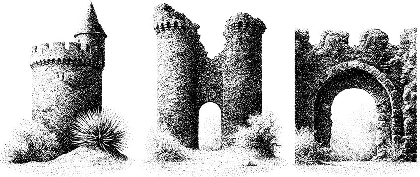 Set of ruined castle towers and fortress wall ink drawings with arches and crumbling masonry for historical background and poster design in vintage stipple style