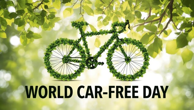 Car free day poster featuring a bicycle shaped from green leaves over a bright natural forest background