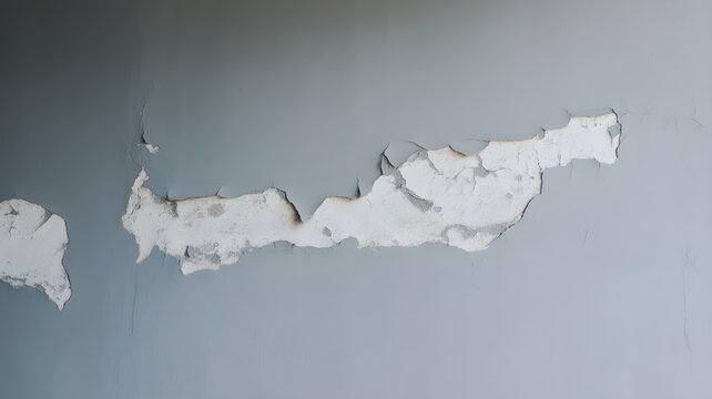 Damaged grey wall with peeling paint revealing white plaster underneath