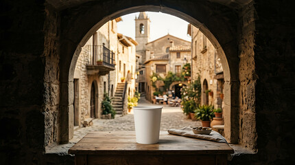 Fototapeta premium Rustic Italian Village Courtyard View Through Archway with Snack Cup on Table
